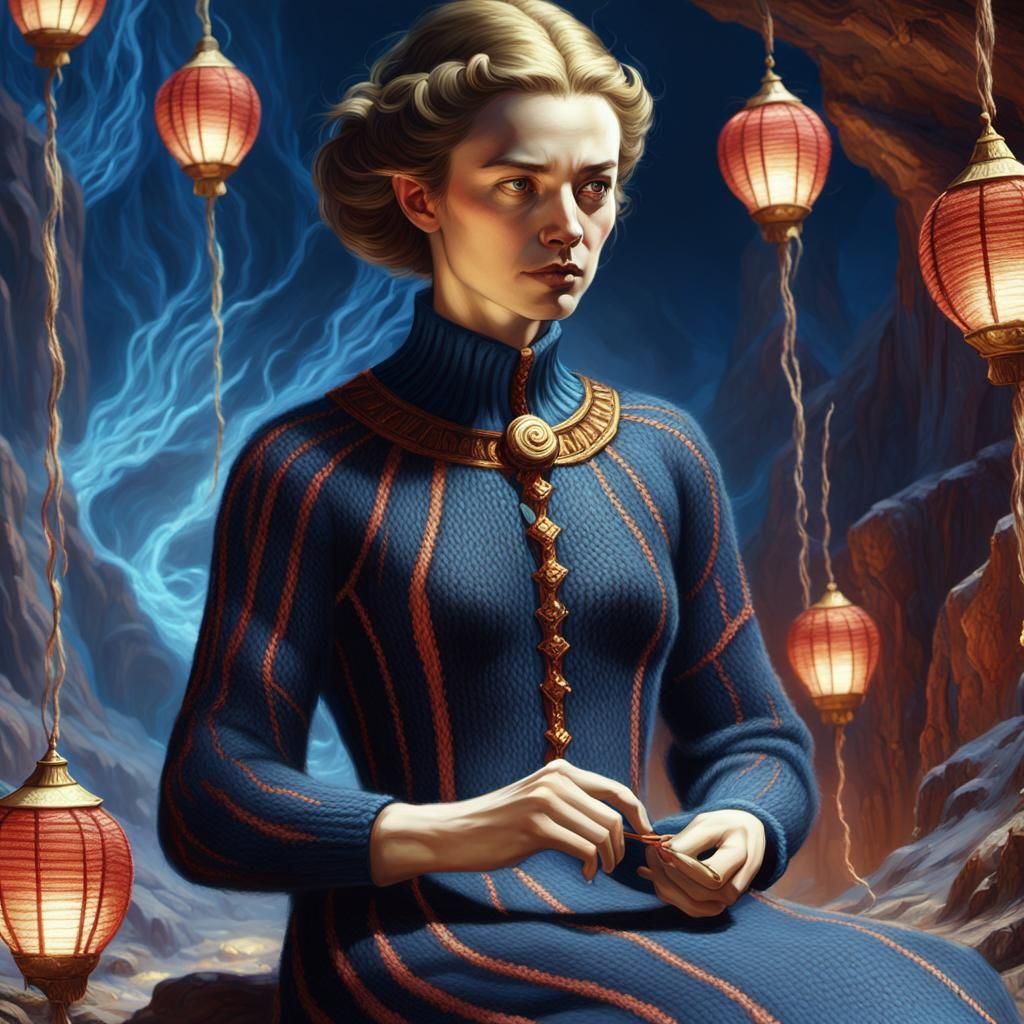 Hades Knitting in Mystical Cavern, Fantasy Art