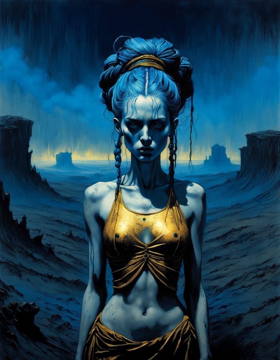 Golden Blue Girl in Desolate Landscape with Ink Splatter