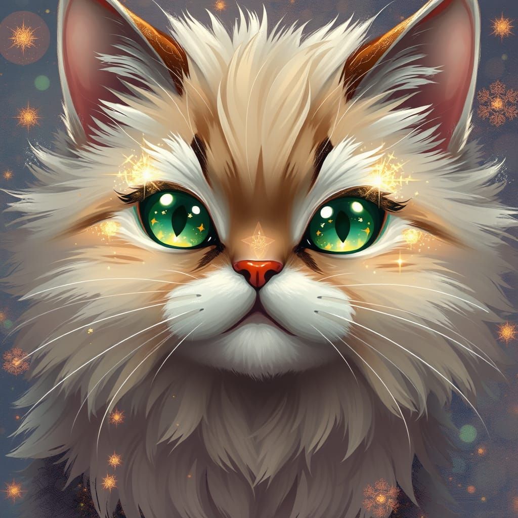Magical Fluffy Cat with Sparkly Eyes in Anime Style