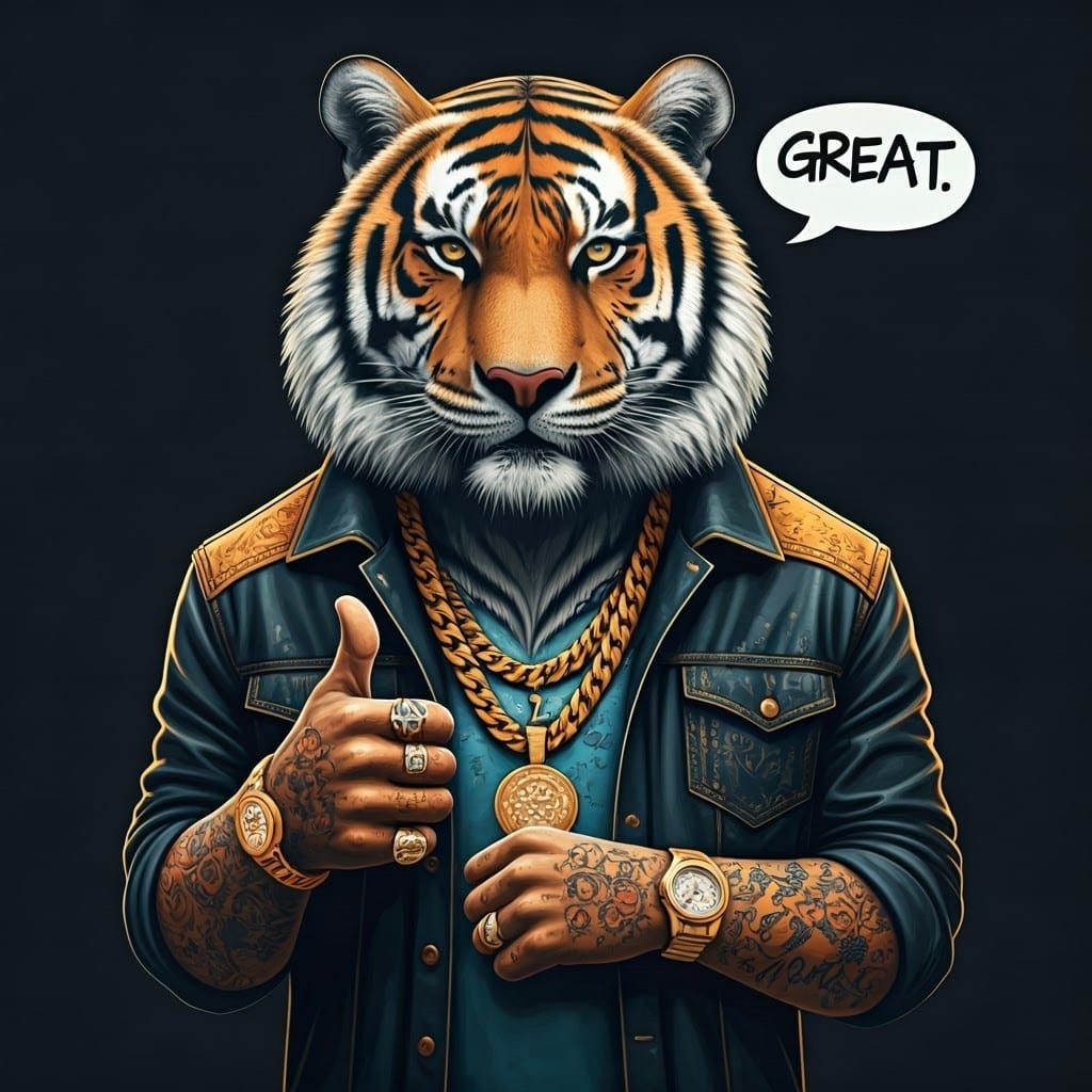 Confident Tiger in Swagging Attire with Intricate Tattoos an...