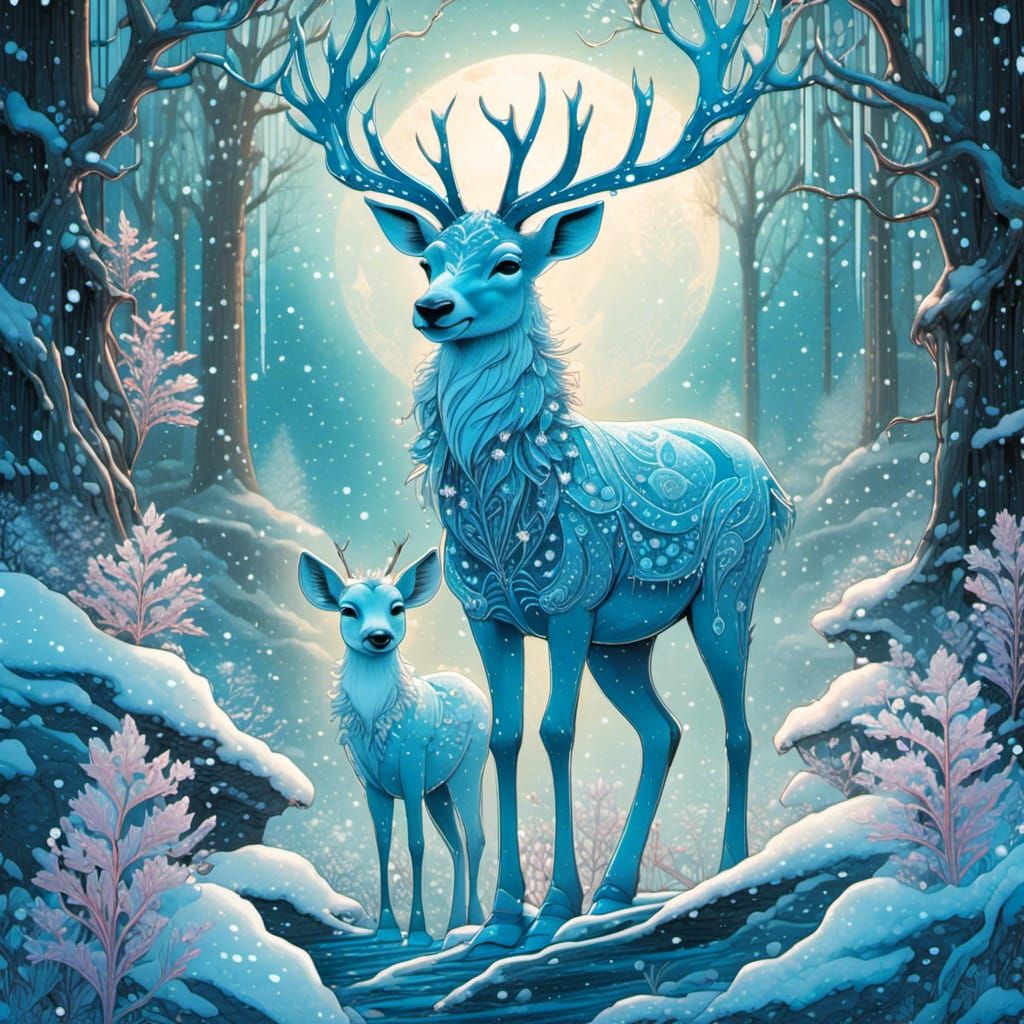 Blue Reindeer in Moonlit Winter Forest, Digital Illustration