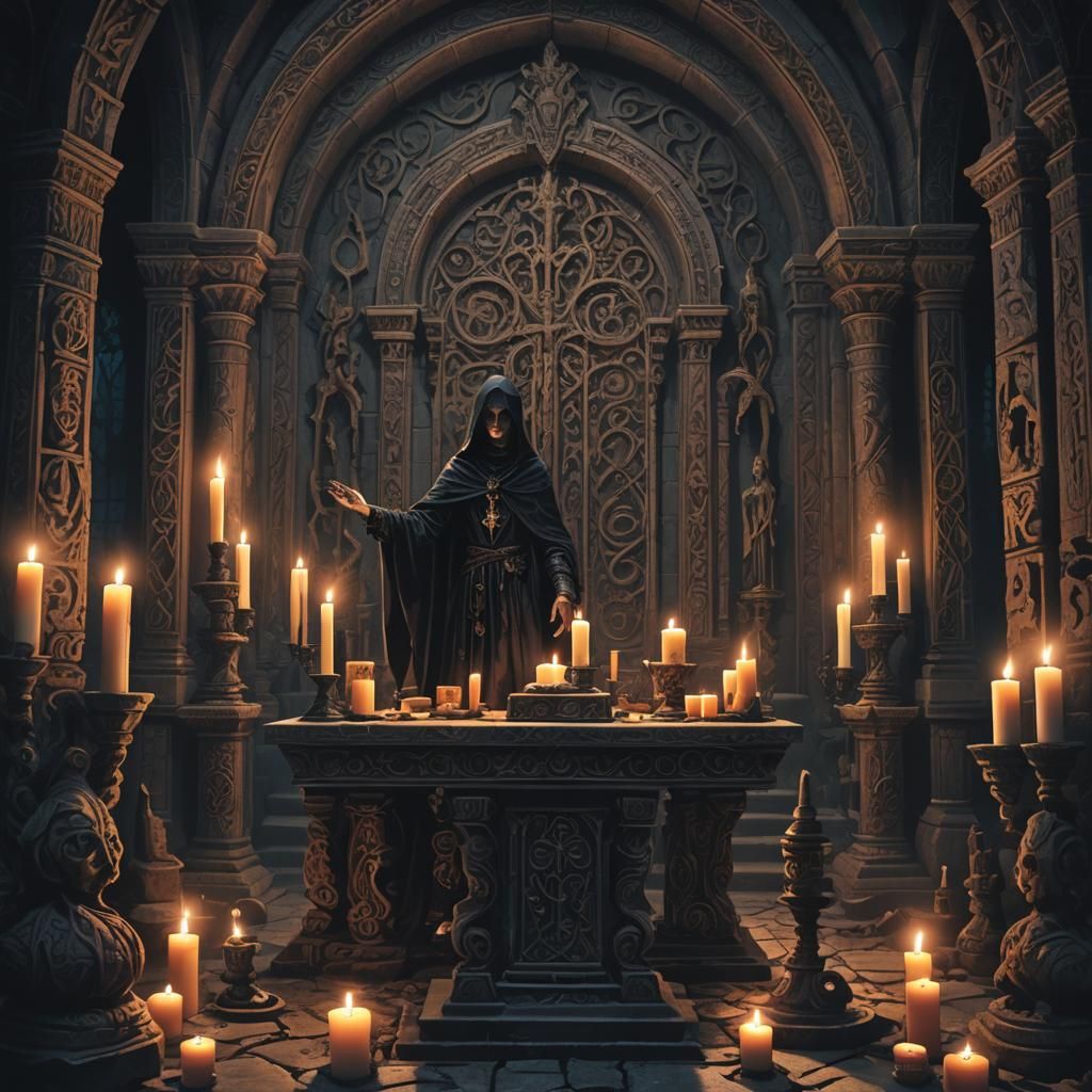 Mysterious Figure at Gothic Altar in Dark Fantasy Art