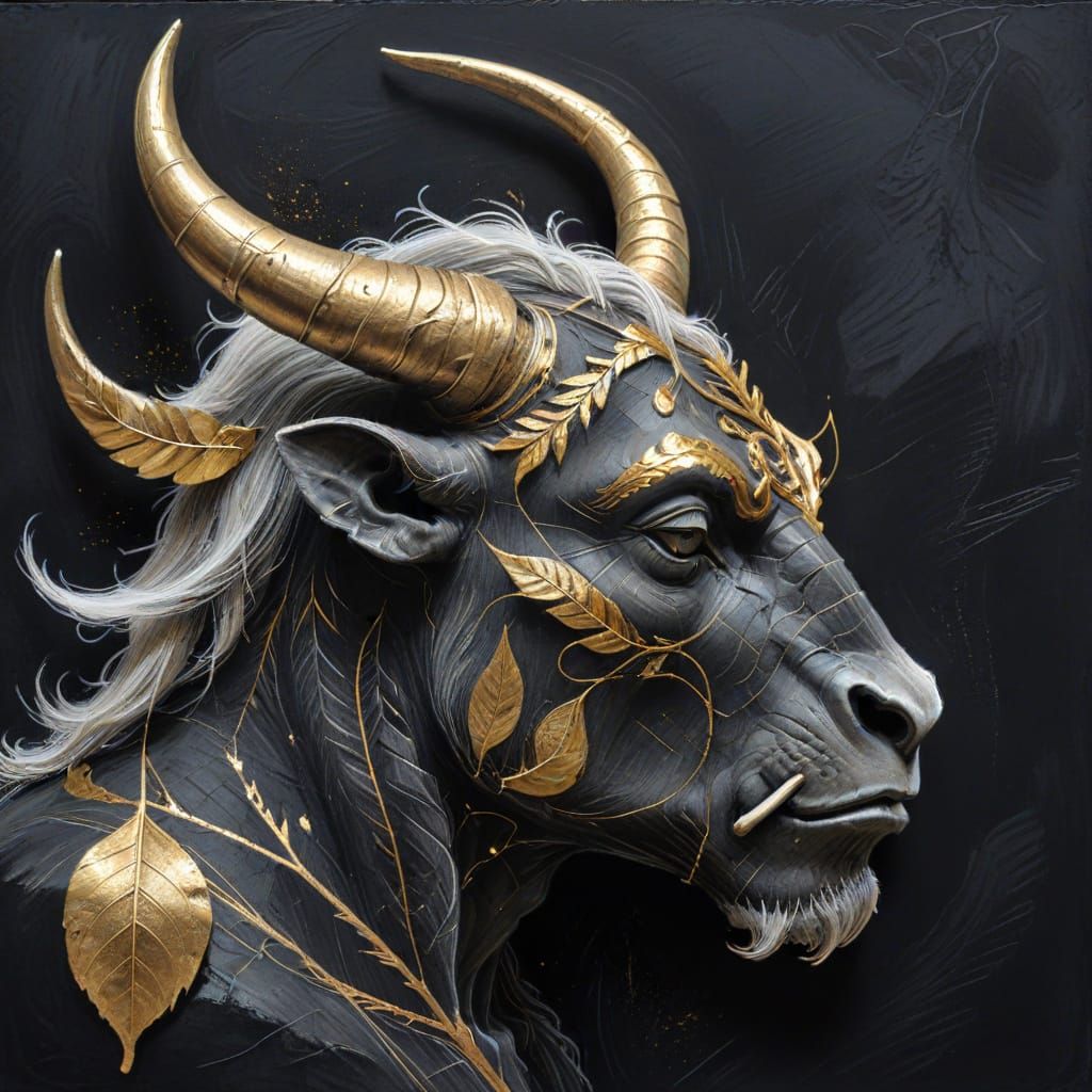 Expressive Minotaur Portrait in Leaf Gold and Chalk