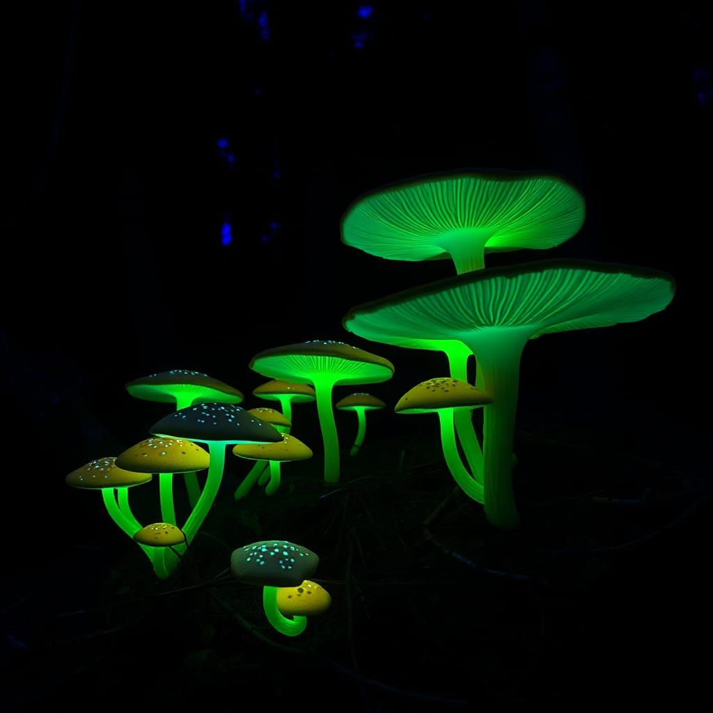 Fluorescent Fungi Glow in Ultraviolet Forest
