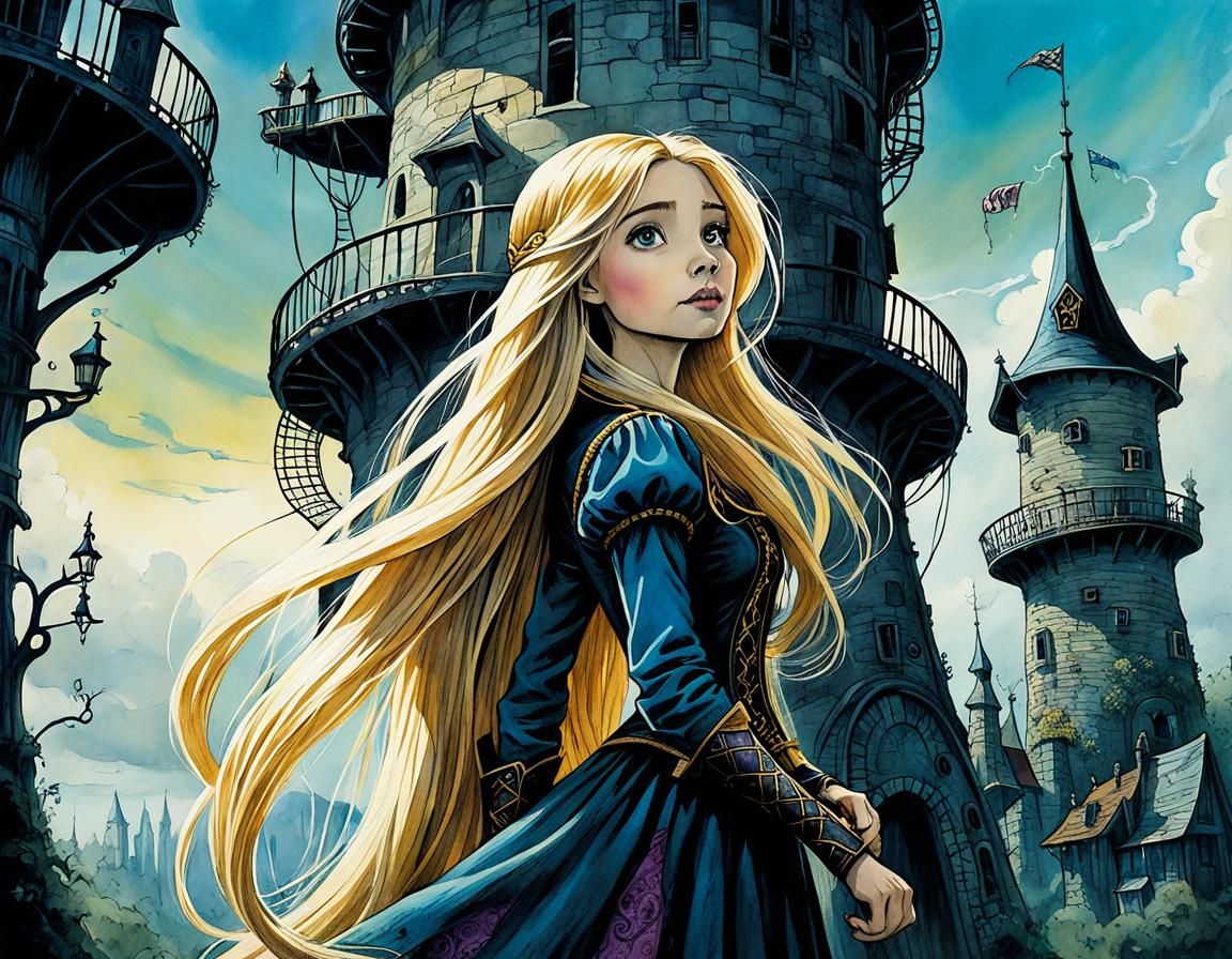 Rapunzel in Remote Tower: Art Brut Illustration