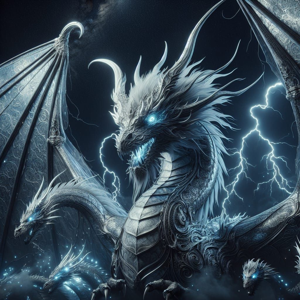 Four-Winged Silver Dragon Dominates Night Sky