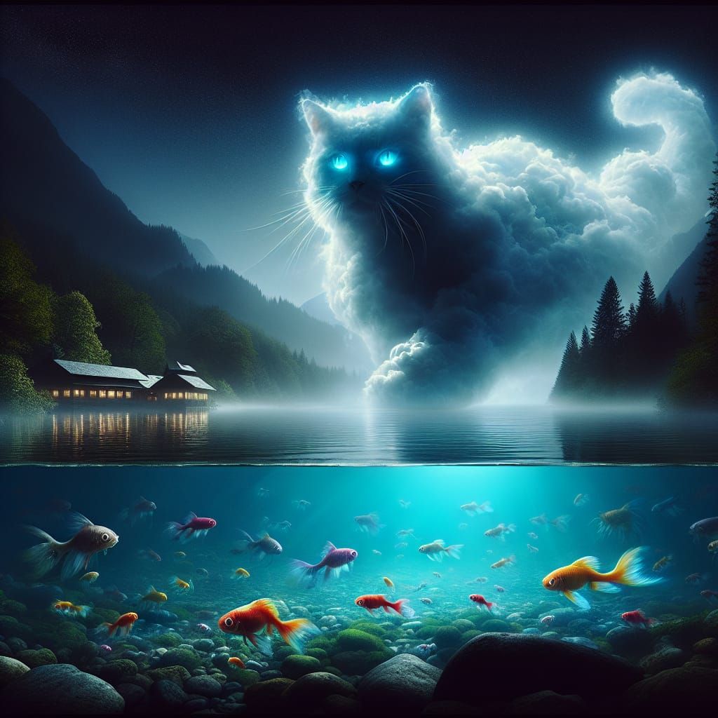 Steam Cat Over Crystal Lake: Photorealistic Vision