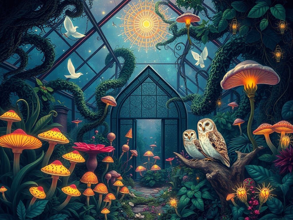 Surreal Greenhouse Utopia in Hieronymus Bosch Style