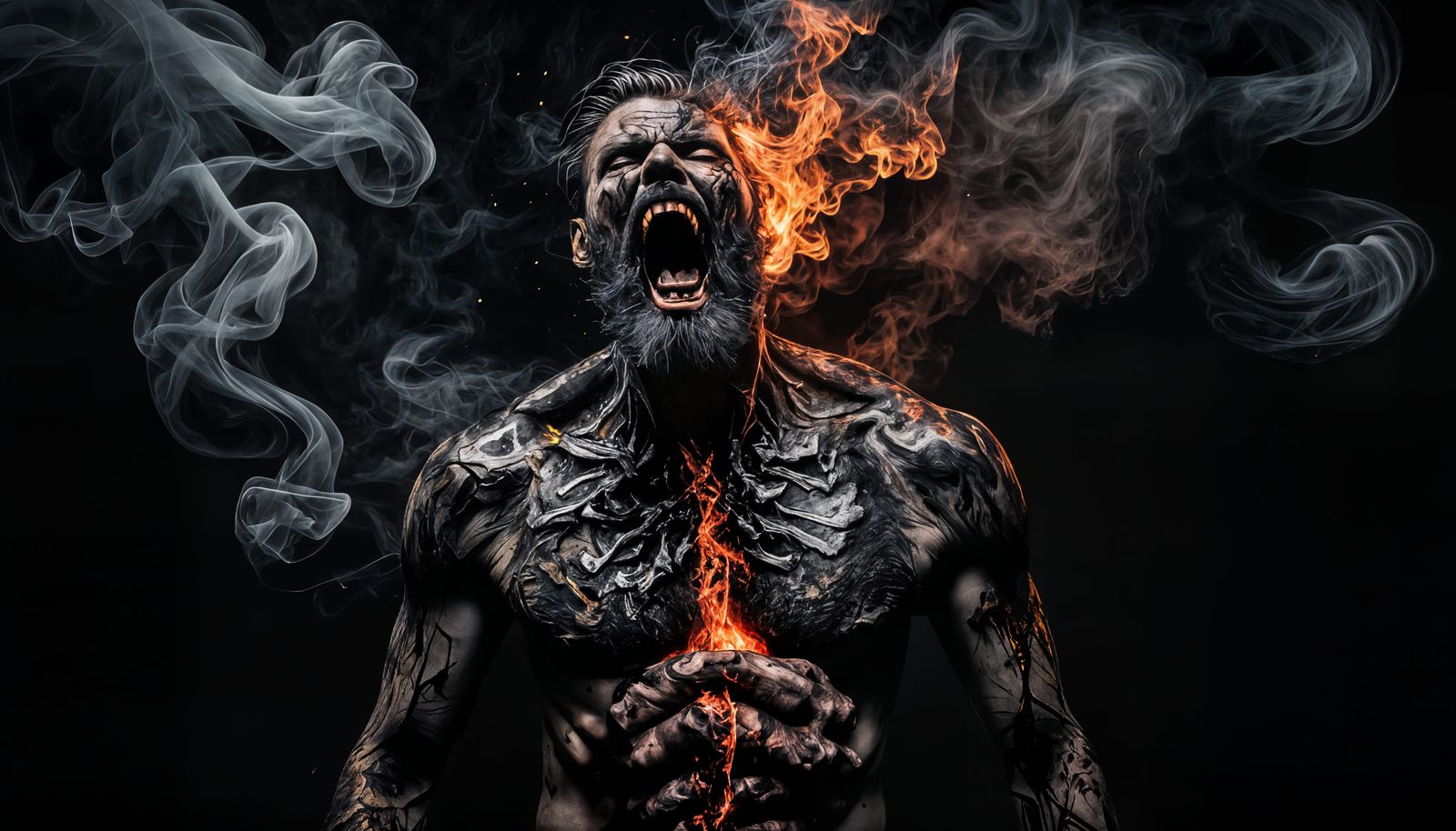 Darkened Flames Erupt from a Cracked Wooden Panel