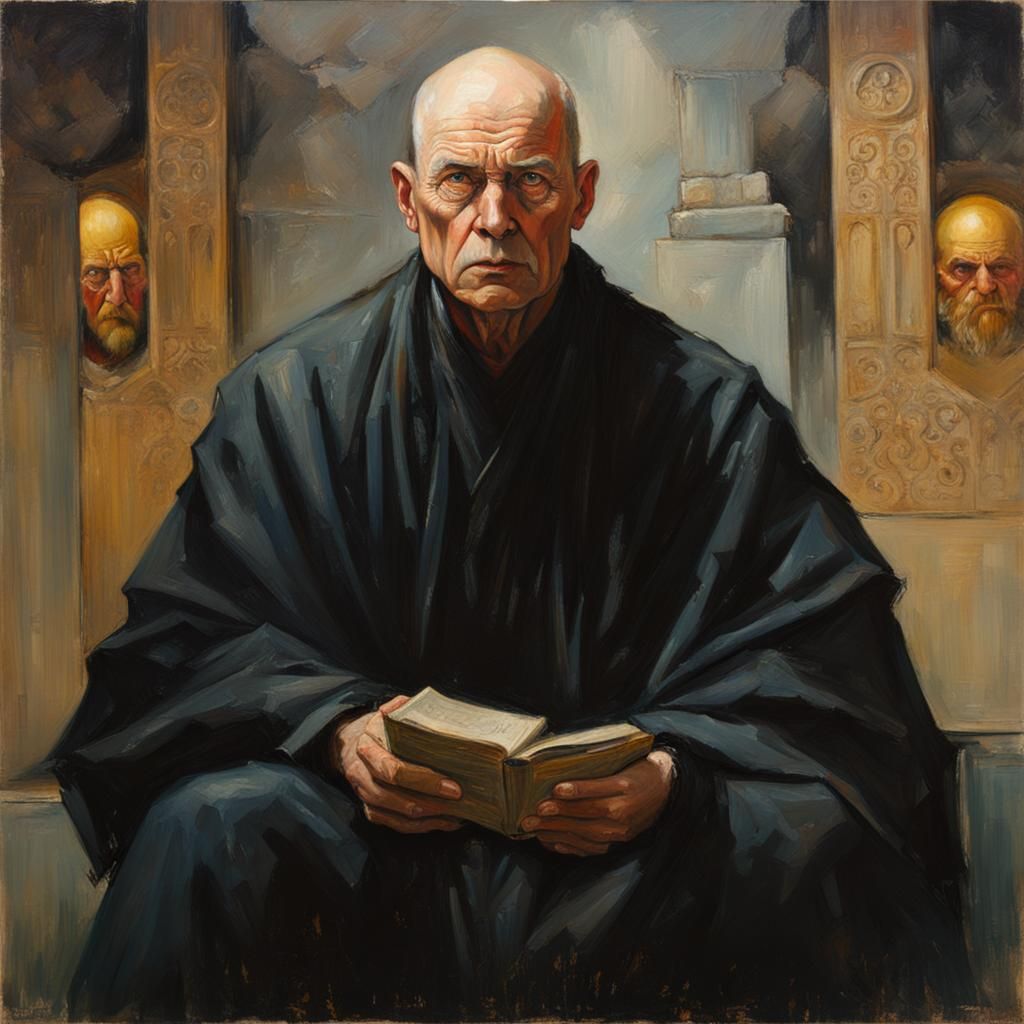 Cultist Portrait: Bald Man in Black Robes, Oil Painting