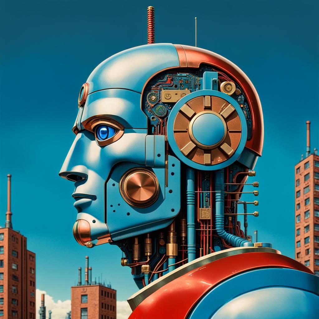 Cyborg Robot Man in 1940s Pop Art Style