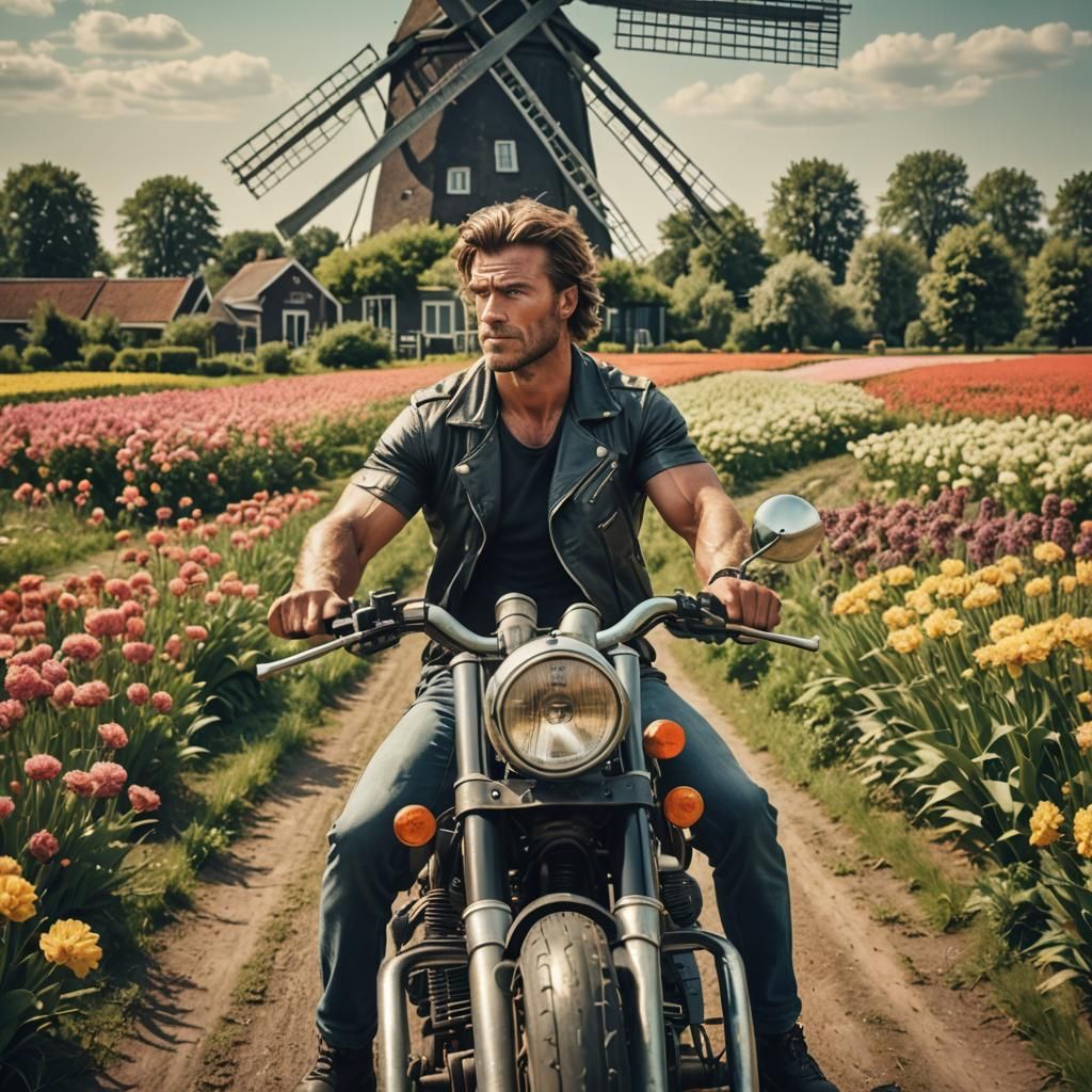 Muscular Man on Motorbike in Dutch Landscape
