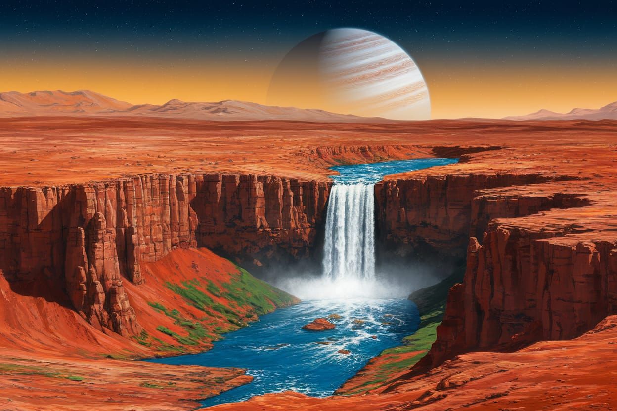 Martian Waterfall with Jupiter, in Giger Style