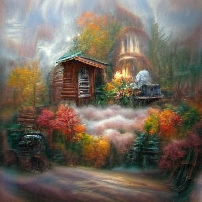 Ethereal Autumn Cabin in Woods: Kinkade Style