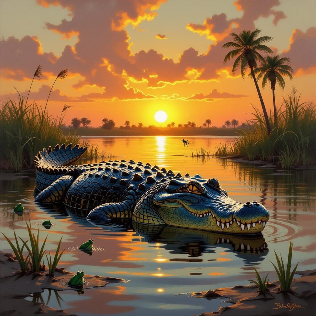 Ancient Nile Crocodile at Dusk Oil Painting