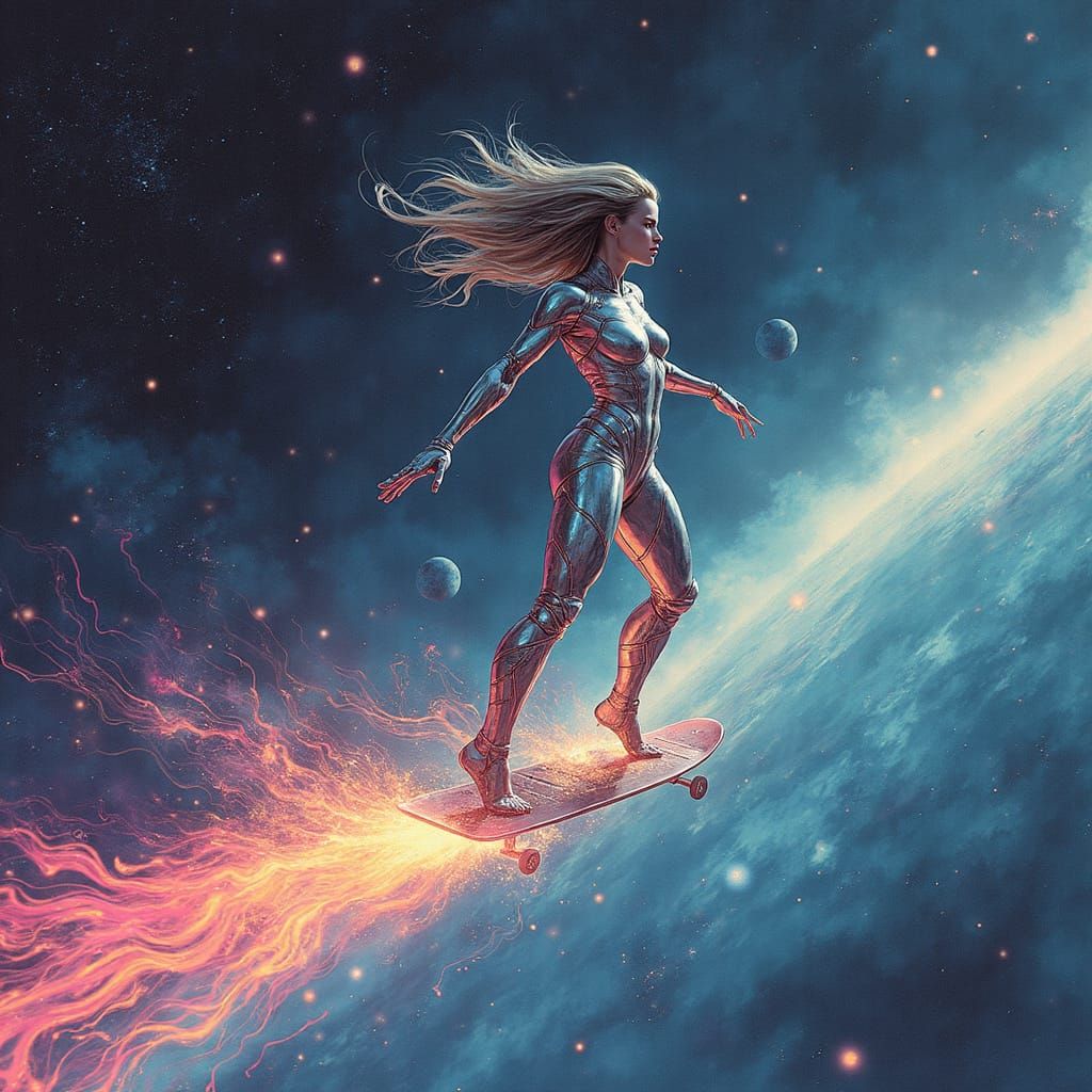 Female Silver Surfer Soars Through Cosmic Space with Vibrant...