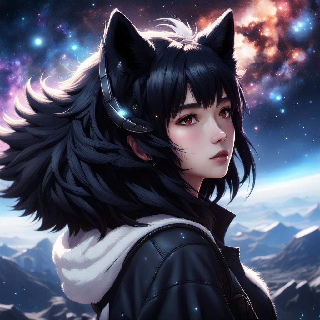 Anime Girl with Wolf Ears in Cosmic Setting