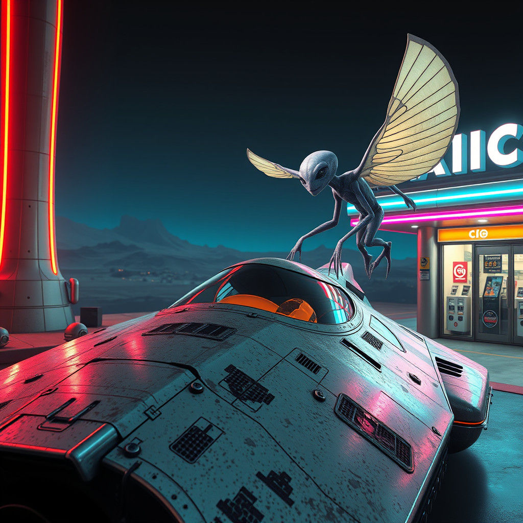 Retro-Futuristic Spaceship at Alien Gas Station