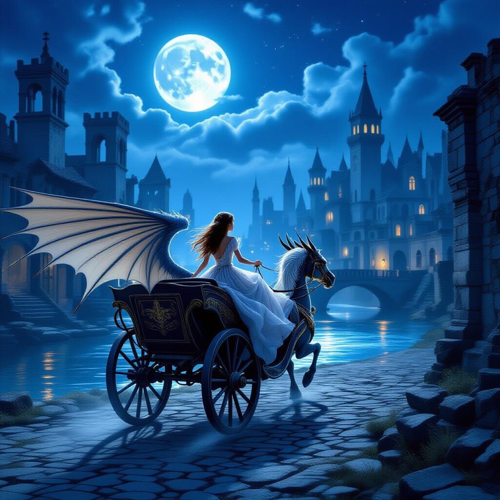 Dragon-Drawn Carriage Through Ruined City in Moonlight