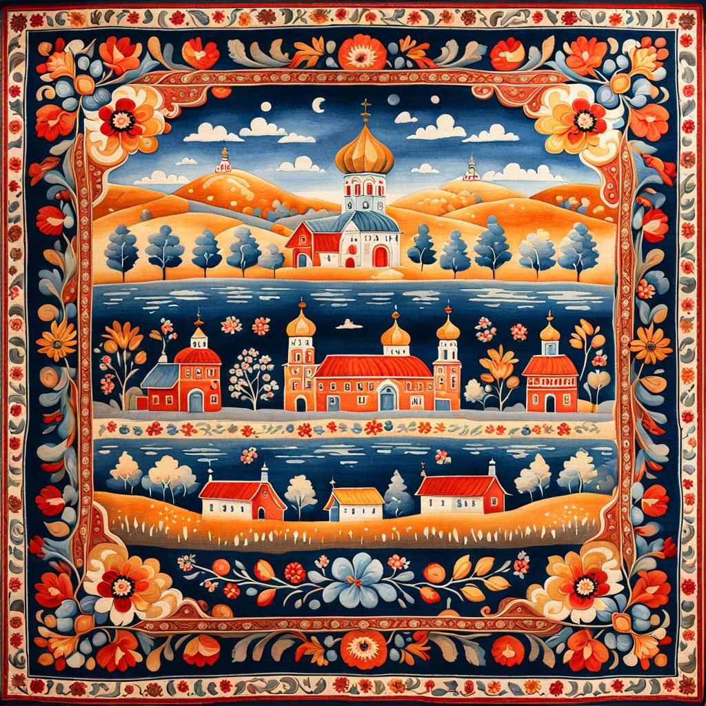 Khokhloma Village Carpet in Watercolor Style