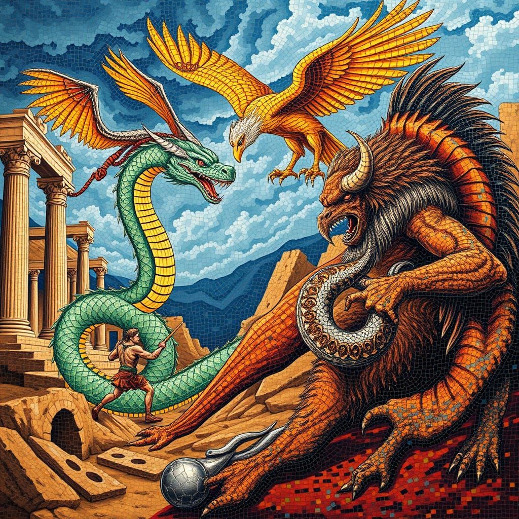 Epic Ancient Mosaic Depicting Heroic Battle