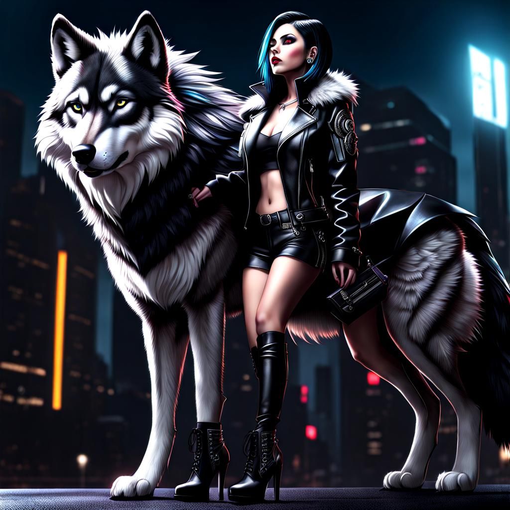 Cyberpunk Goth Wolf Girl in US Cartoon Style