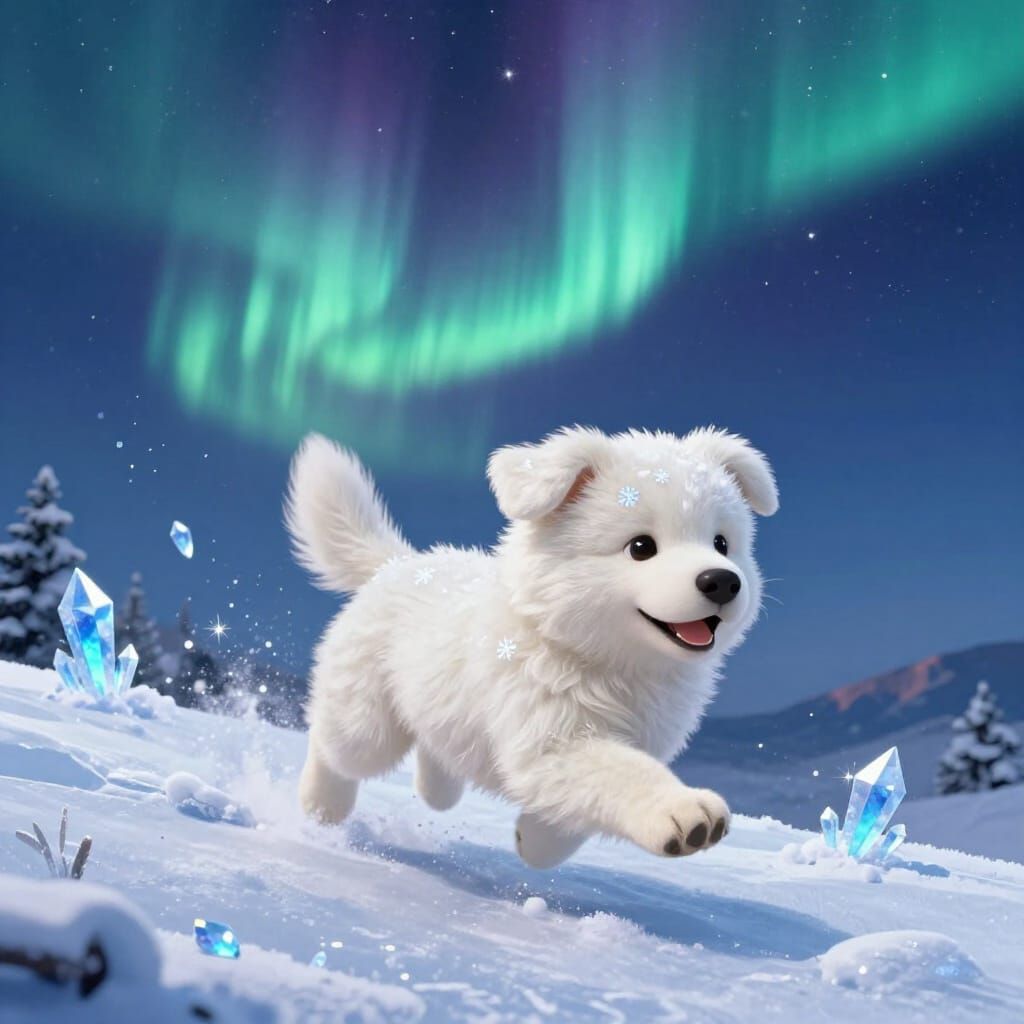 Adorable Snowflake Puppy Under Aurora Borealis