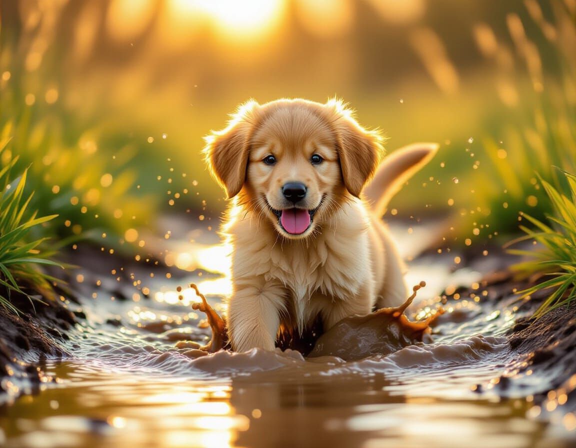 Golden Retriever Puppy Splashing in Muddy Puddle