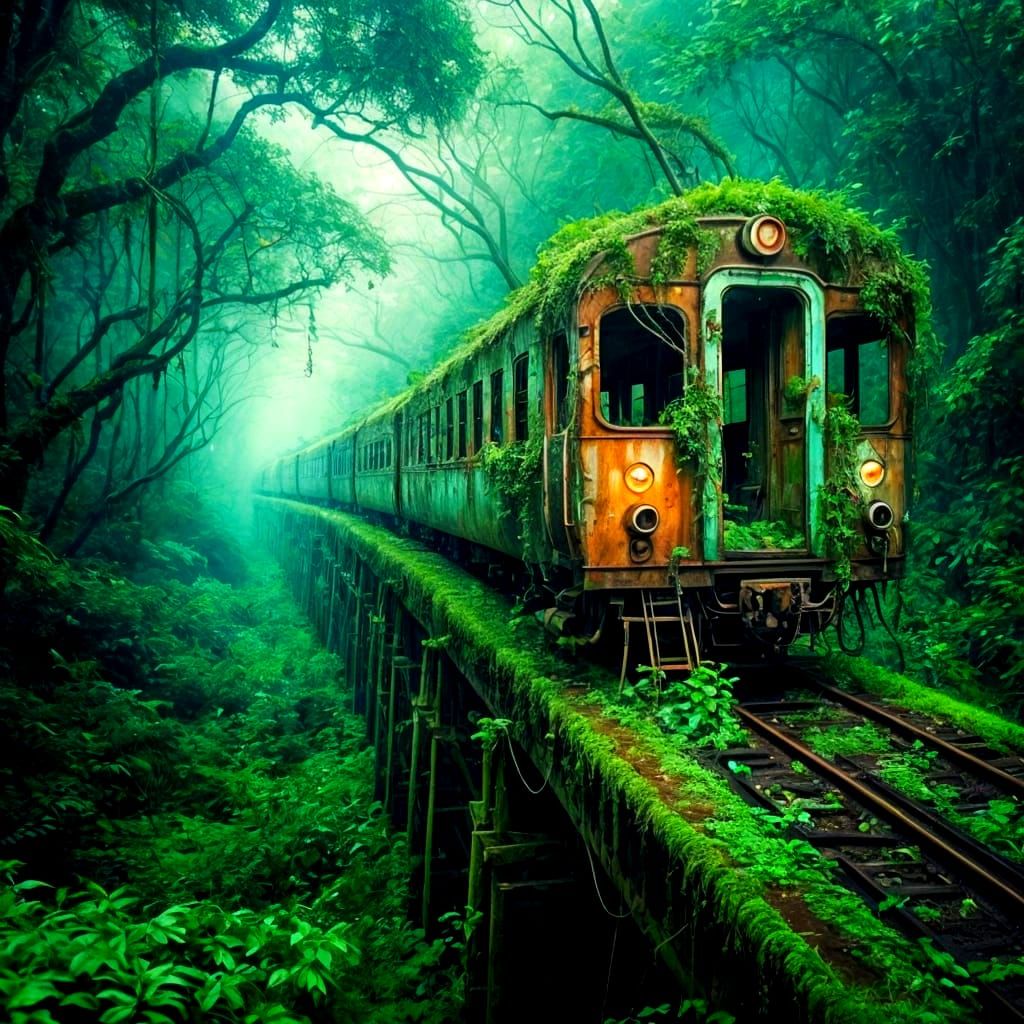 Overgrown Train in Misty Jungle, Hyper-Realistic Scene