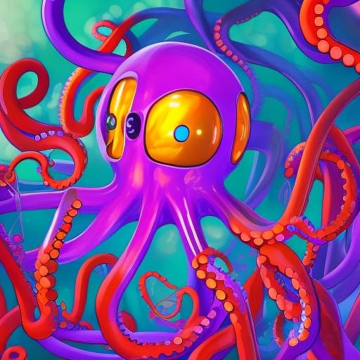 Dark Fantasy Octopus with Robotic Limbs in Gouache