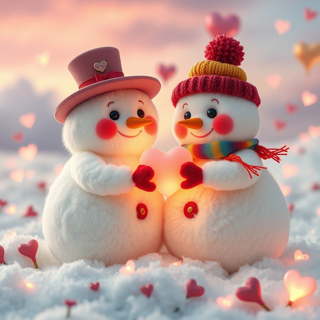 Cuddly Snowmen in Valentine's Attire Shine with Rainbow Love