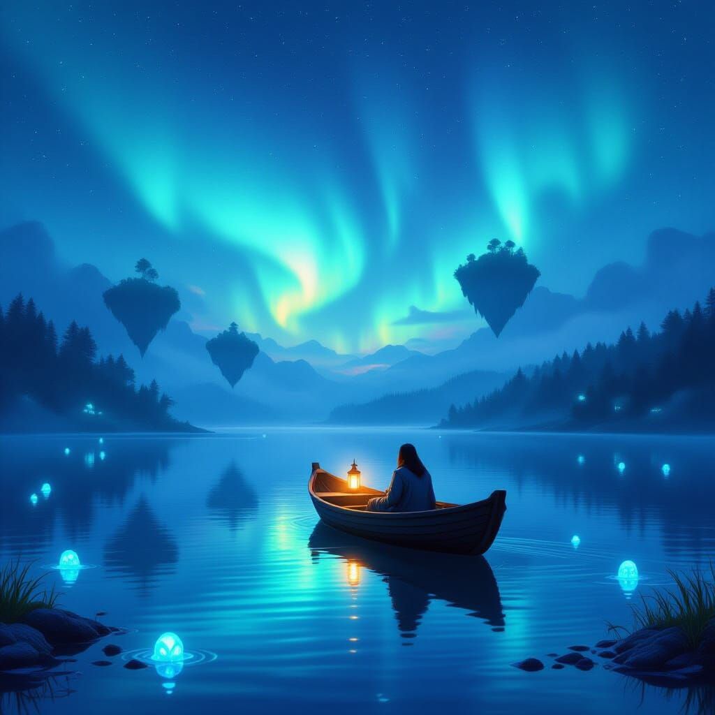 Tranquil Lake Reflects Aurora Sky with Floating Islands