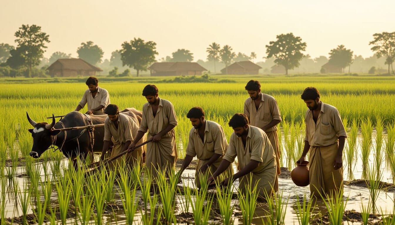 Brothers Working in Paddy Field: Folk Art Style
