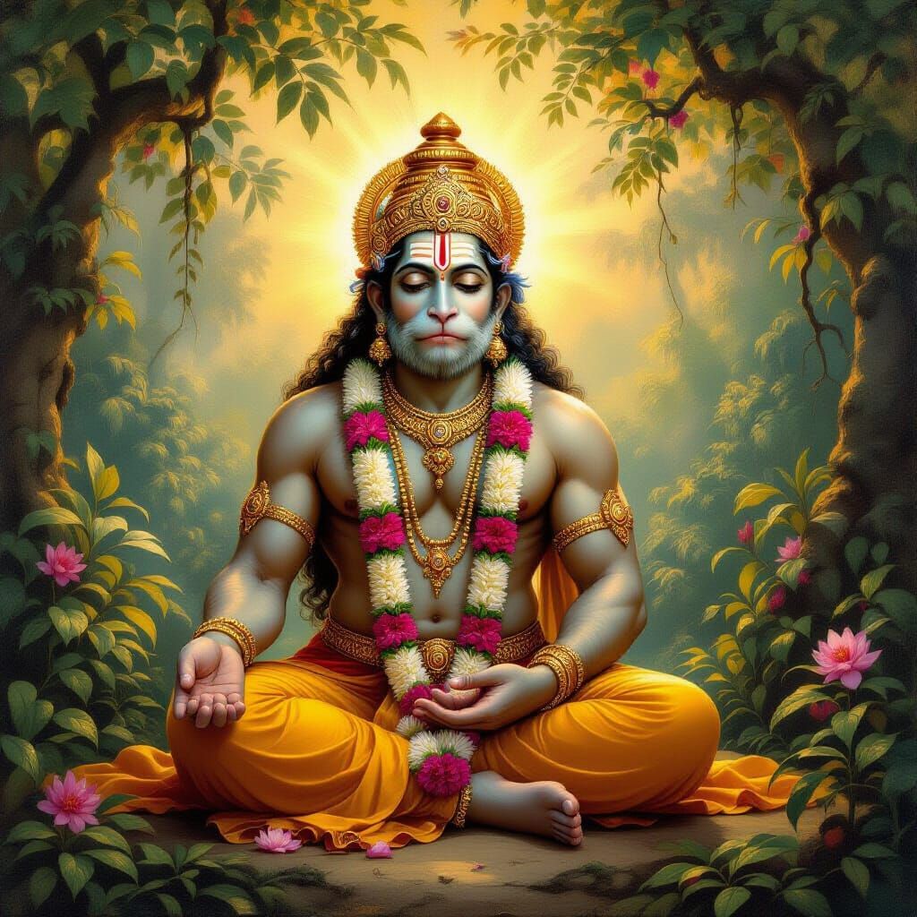 Lord Hanuman Meditating in Ethereal Jungle Light