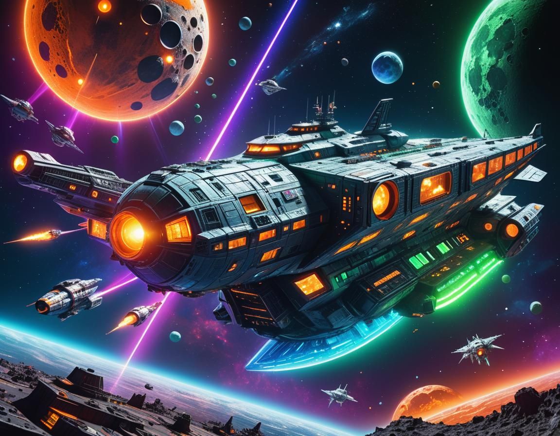 Hyperrealistic Spaceship Battle in Deep Color