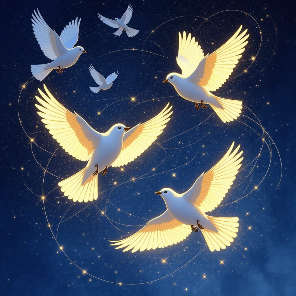 Twinkling Light Birds in Dark Fantasy Watercolor Style