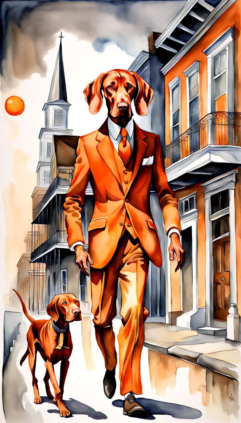 Anthropomorphic Vizsla's Dream Walk in New Orleans