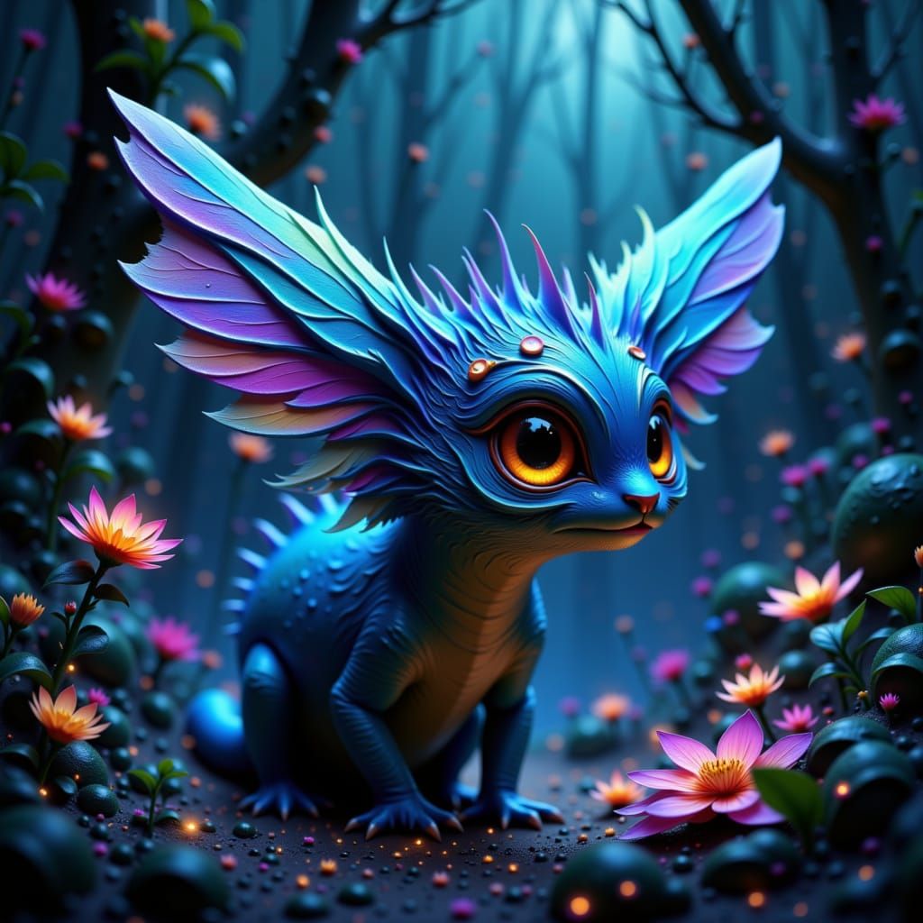 Fantastical Creature in Bioluminescent Forest Digital Painti...