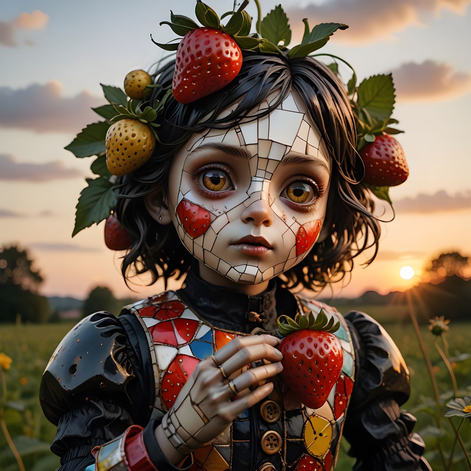 Patchwork Doll Bites Strawberry at Sunset
