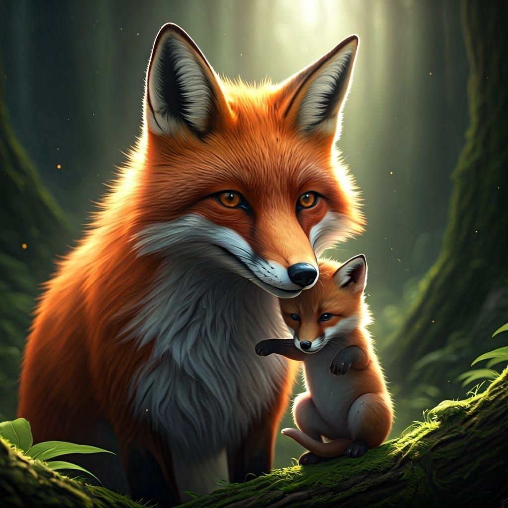 Mother Fox and Cub: 3D Anime Concept Art