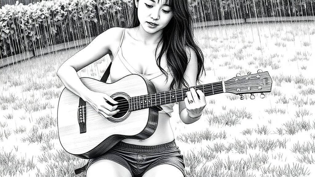 Rainy Day Serenade: Pencil Sketch of Korean Woman