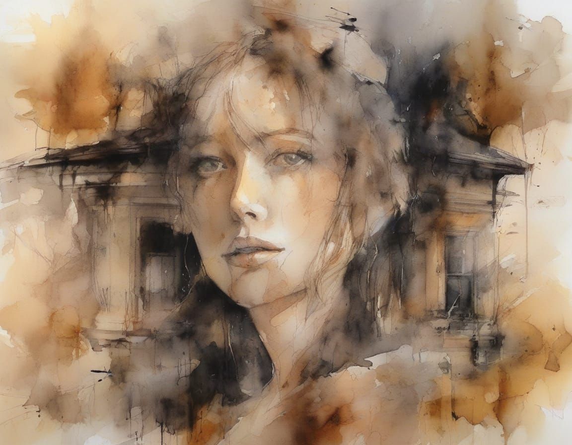 Surreal Abandoned Mansion in Deconstructive Watercolour Styl...