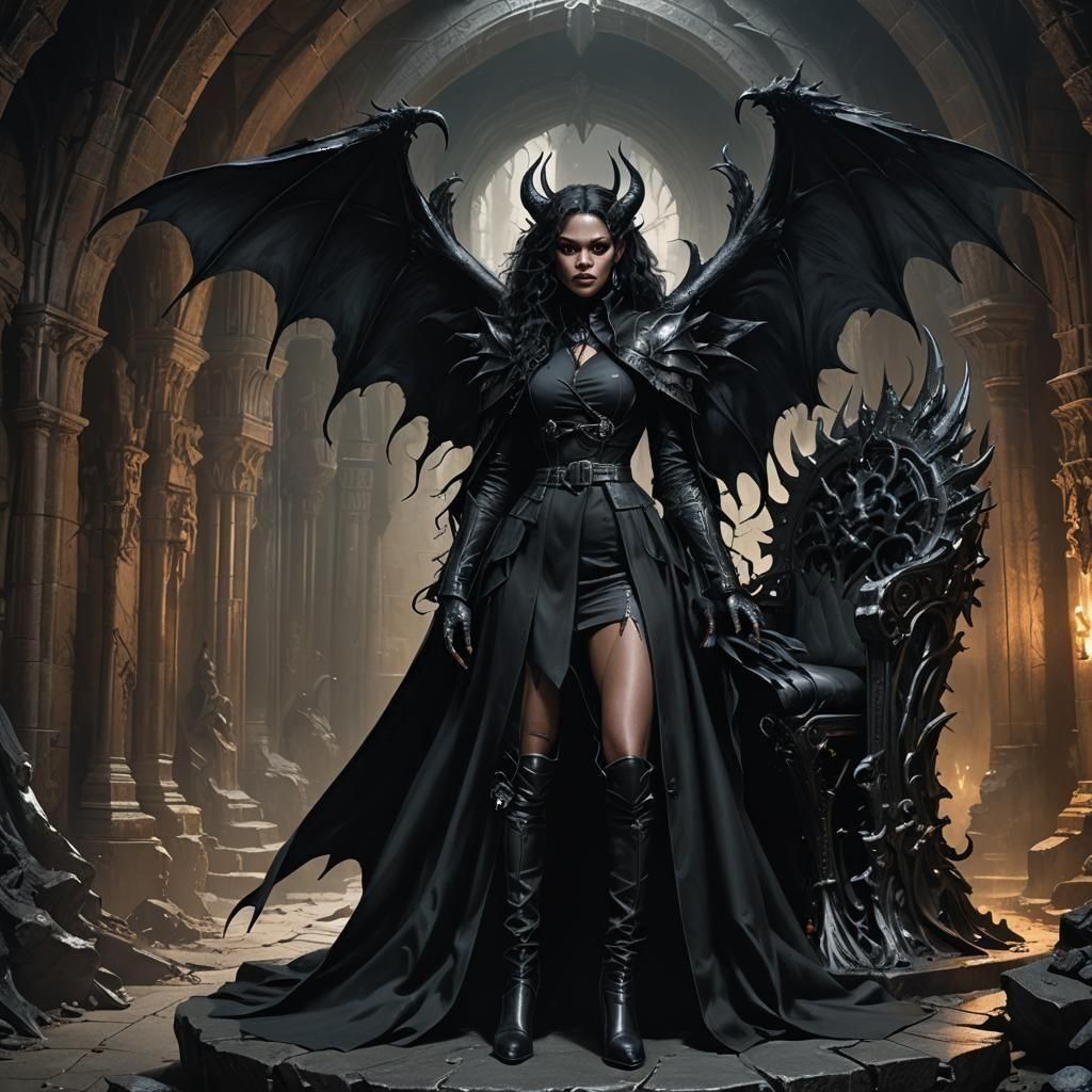 Demoness with Wings in Gothic Cave, Fantasy Art