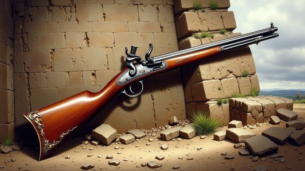 Traditional Oil Painting of a Flintlock Musket in a Battle-S...