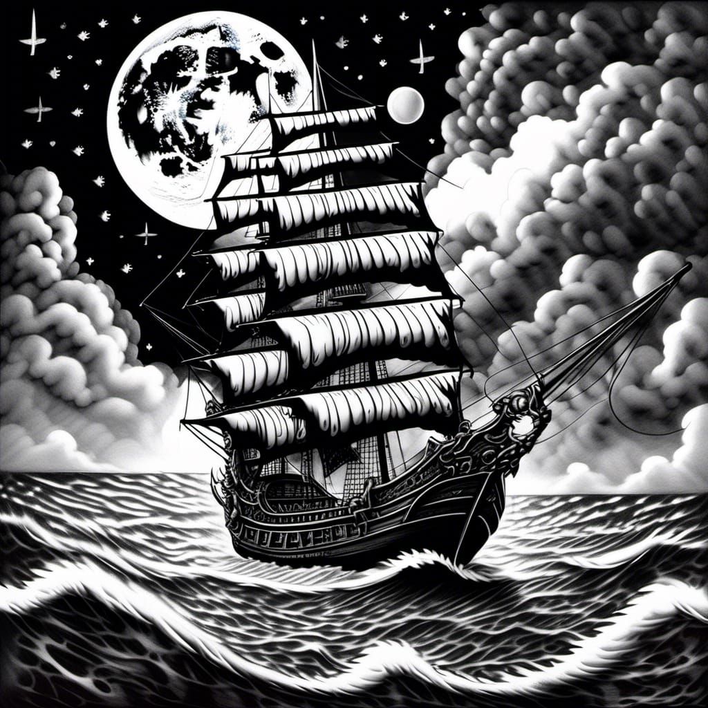 Lucifer Ink Drawing: Mythical Pirate Ship