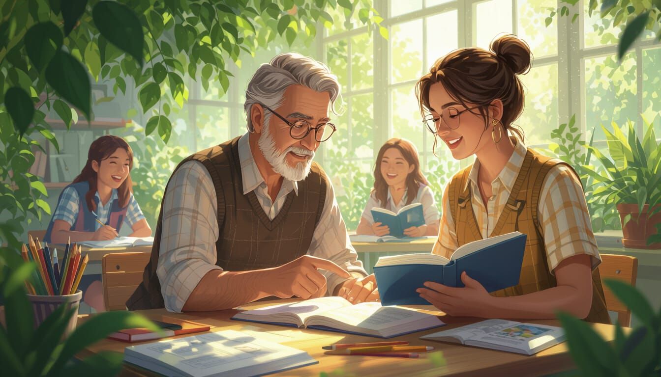 Teacher Guides Student in Sunlit Garden Classroom