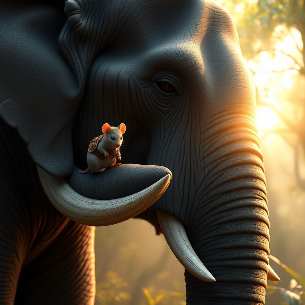 Majestic Elephant and Mouse in Sunlit Forest