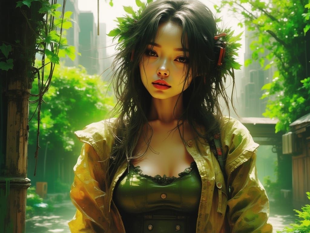 Joyful Woman in Lush Suburbia: Fantasy Realism Portrait