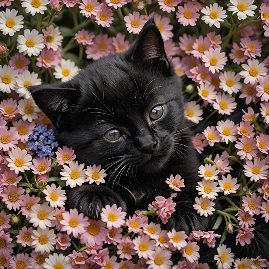 Sleeping Black Kitten in Flowers: Wildlife Macro Shot