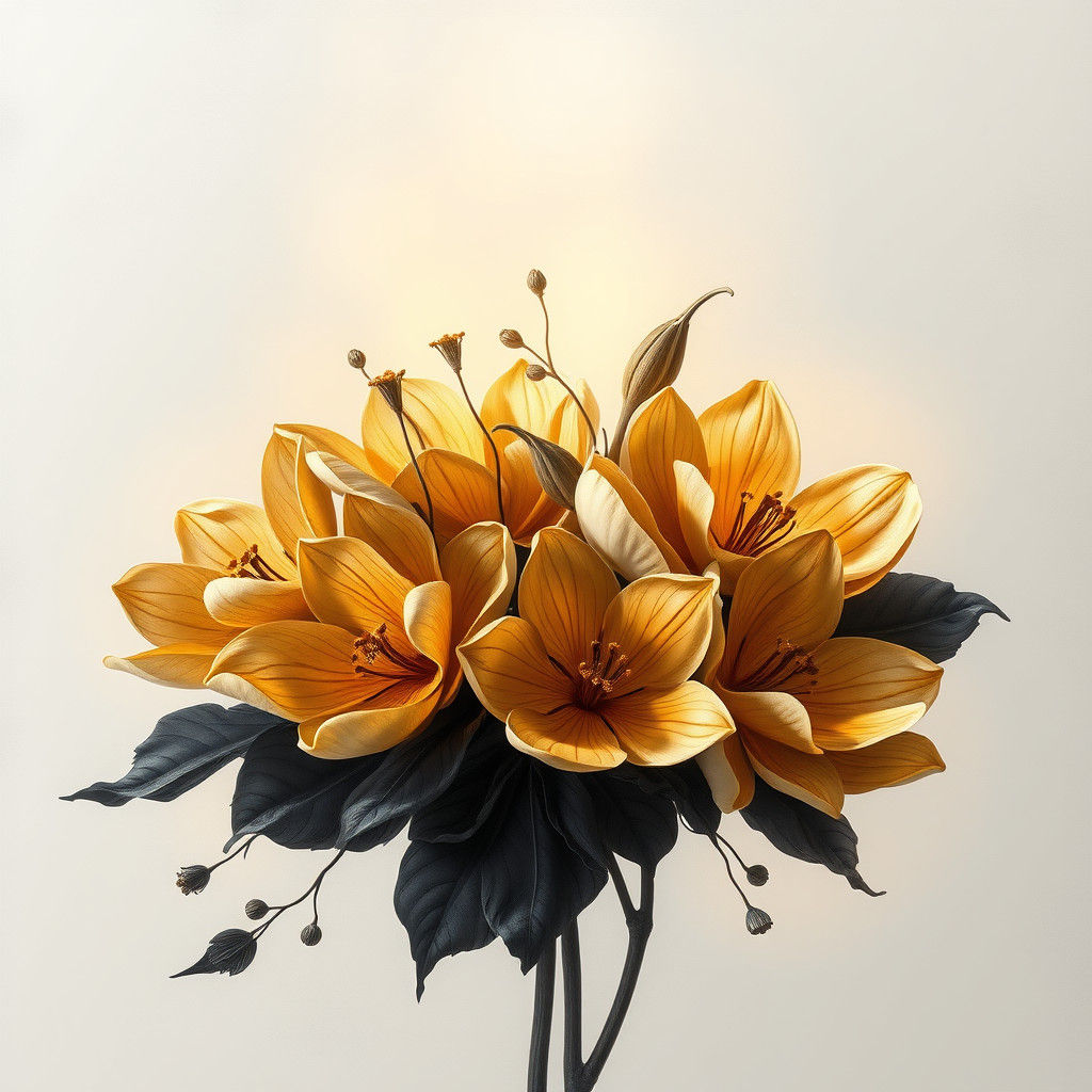 Ethereal Black and Gold Flower Arrangement in Watercolor Sty...